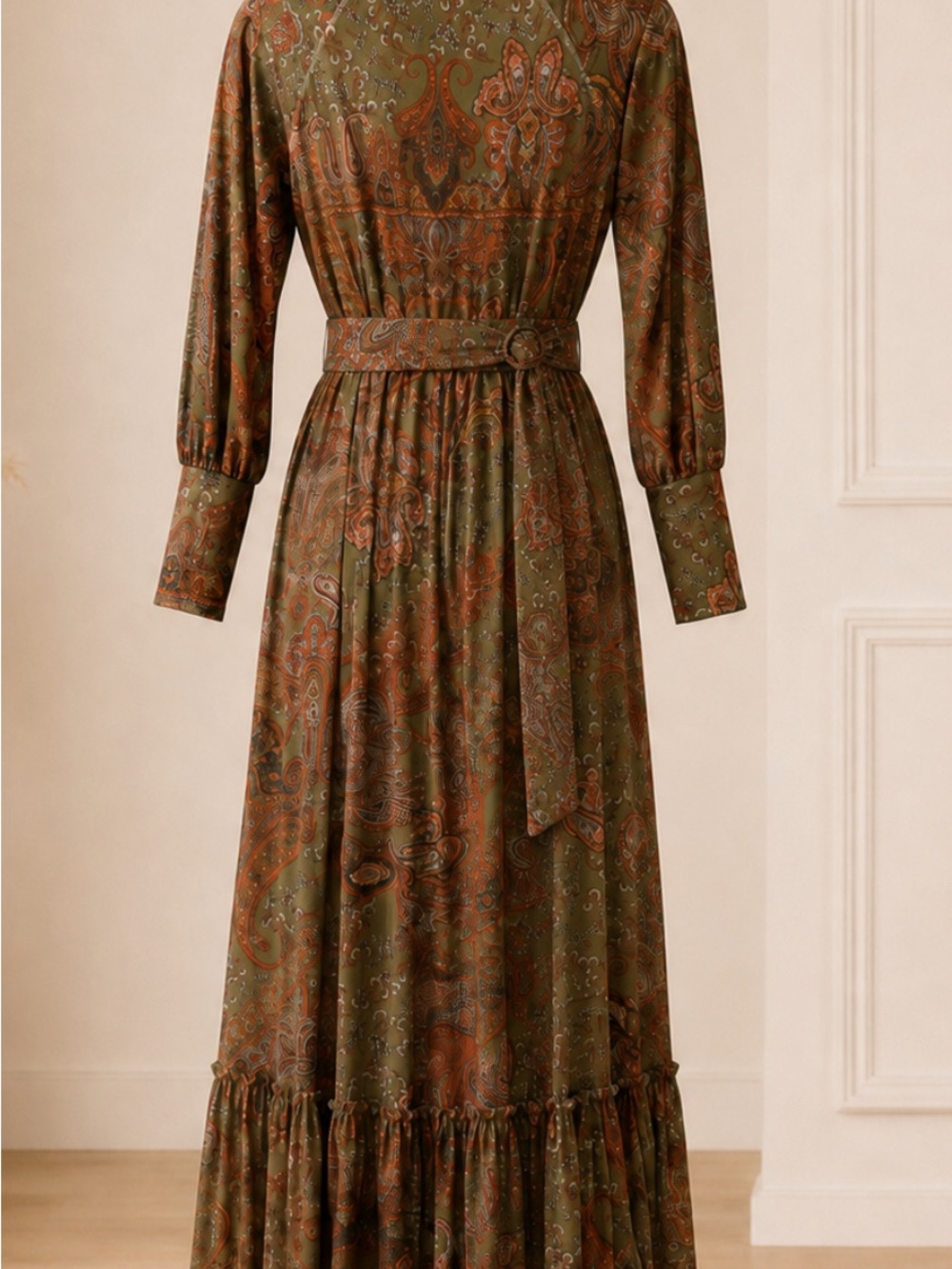 Olive Green Paisley Long Sleeve Maxi Dress with Belt
